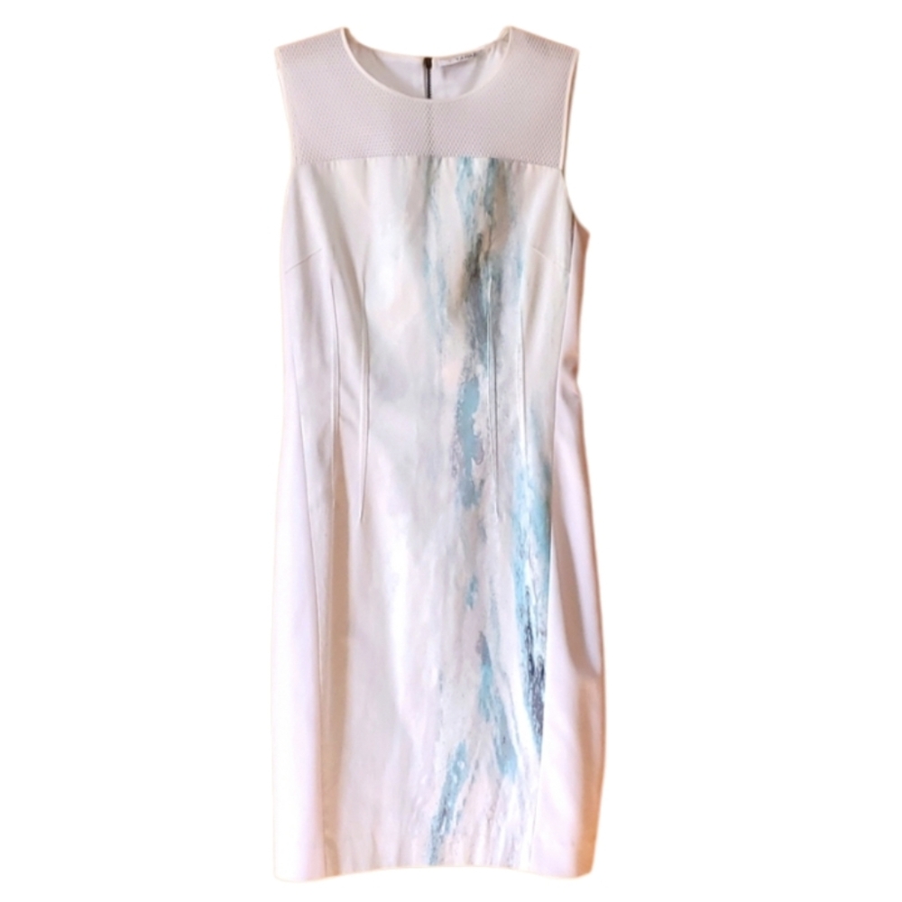 T Tahari Sleeveless Mesh White and Blue Ocean Sheath Dress Size 2